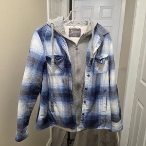 Natural Reflections Sherpa Lined Cotton Viscose Blend Blue Plaid Hooded Jacket